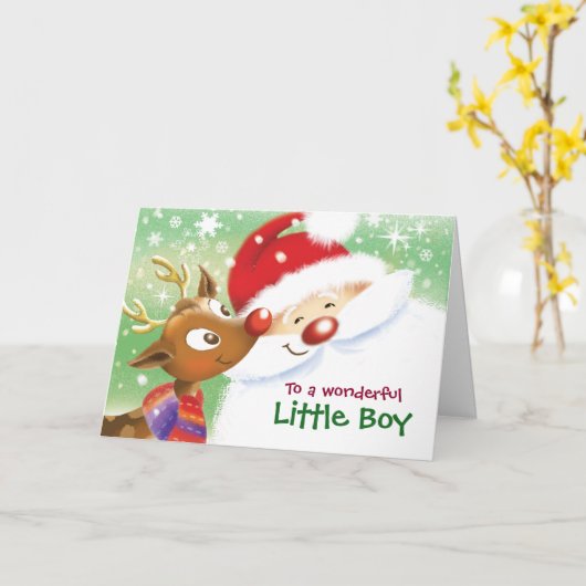 小さな男の子、クリスマス、かわいいトナカイ&サンタ カード (黄色い花)