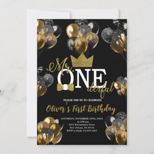 小さな男の子、ワンダー・フル・バースデー、風船 招待状 (正面)