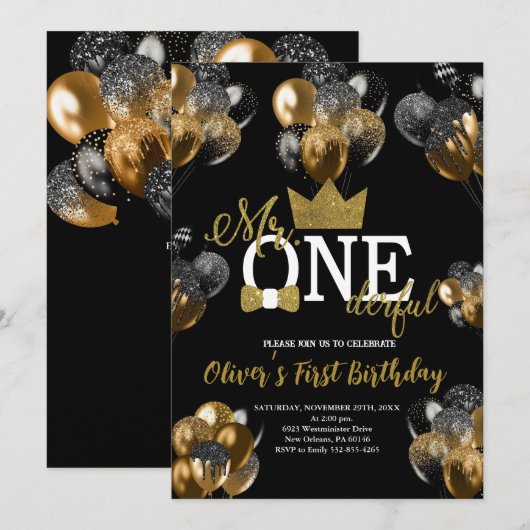 小さな男の子、ワンダー・フル・バースデー、風船 招待状 (正面/裏面)