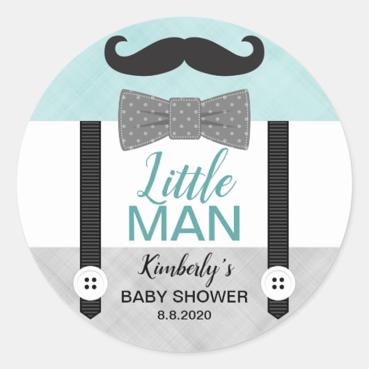 小さな男の弓タイのミント緑の灰色の男の子の赤ちゃんシャワー ラウンドシール (正面)