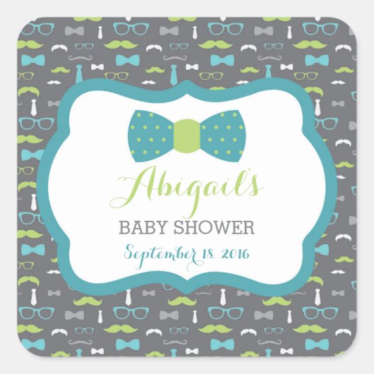 小さな男の赤ちゃんシャワーのシール，ティール（緑がかった色），緑，灰色 スクエアシール (正面)