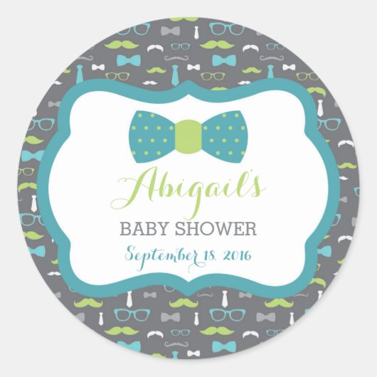 小さな男の赤ちゃんシャワーのシール,ティール(緑がかった色),緑,灰色 ラウンドシール (正面)