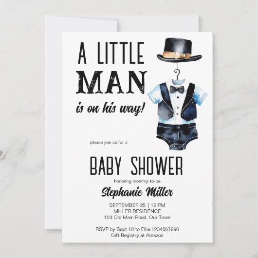 小さな男の赤ん坊シャワー黒タキシードと帽子 招待状 (正面)
