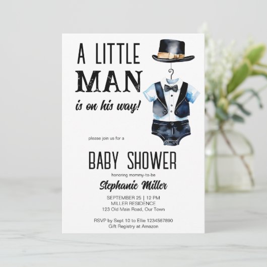 小さな男の赤ん坊シャワー黒タキシードと帽子 招待状 (スタンド正面)