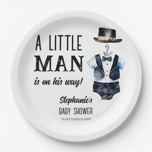 小さな男の赤ん坊シャワー黒タキシードモノグラムの ペーパープレート (正面)