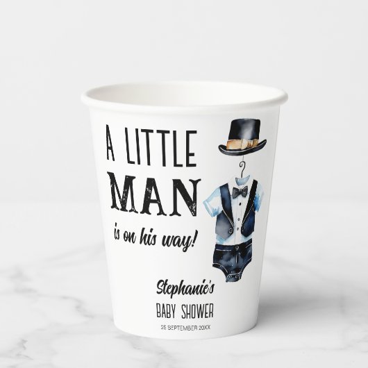 小さな男の赤ん坊シャワー黒タキシードモノグラムの 紙コップ (裏面)