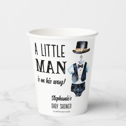 小さな男の赤ん坊シャワー黒タキシードモノグラムの 紙コップ (正面)