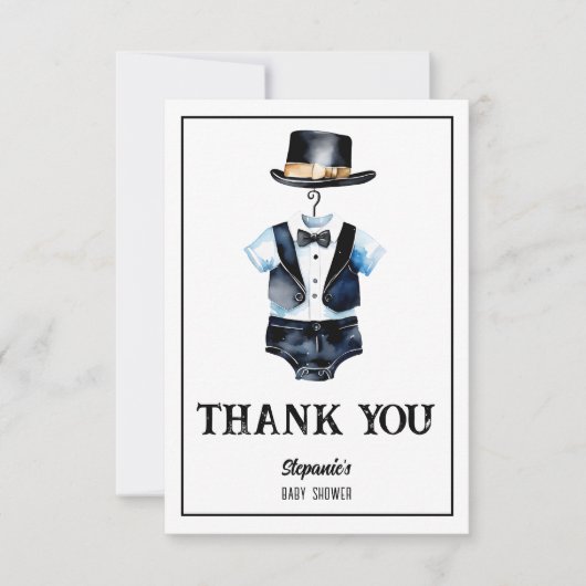 小さな男の黒タキシード帽子の赤ちゃんシャワー サンキューカード (正面)