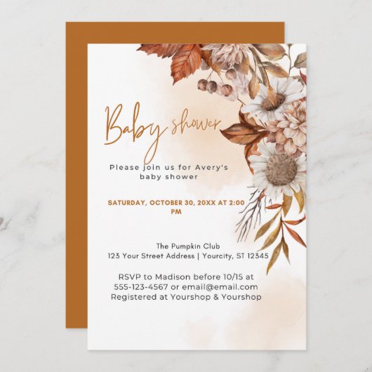 小さな男女兼用かぼちゃの秋ベビーシャワー 招待状 (正面/裏面)
