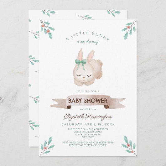 小さな男女兼用バニー春の赤ちゃんシャワー 招待状 (正面/裏面)