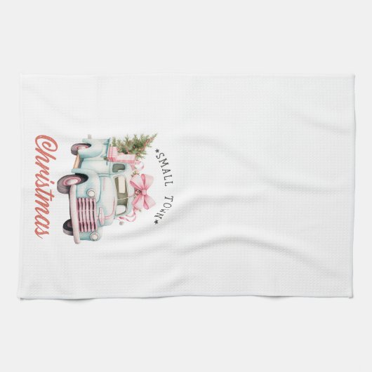 小さな町クリスマスピンクのトラッククリスマス キッチンタオル (横)