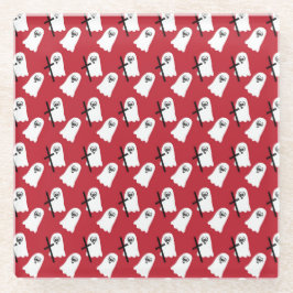 小さな白いハロウィーンの幽霊の列を持つ赤 ガラスコースター
