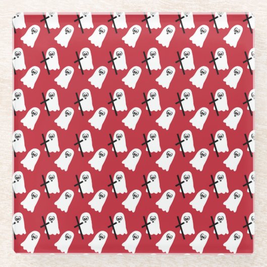 小さな白いハロウィーンの幽霊の列を持つ赤 ガラスコースター (正面)