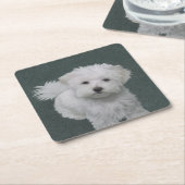 小さな白い犬のペットポートレート スクエアペーパーコースター (アングル)