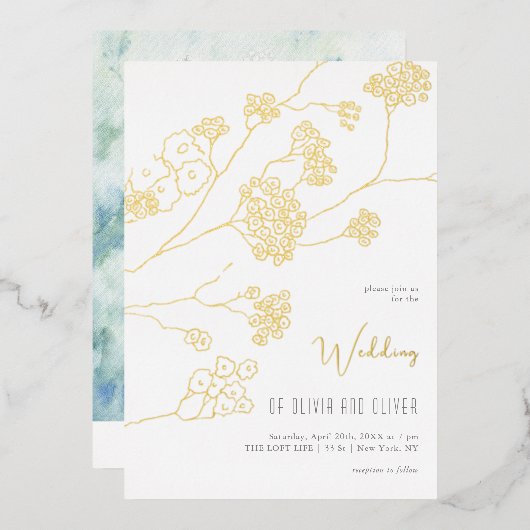 小さな白い結婚花 箔招待状 (正面/裏面)