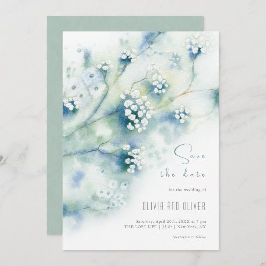 小さな白い花が日付を保存 招待状 (正面/裏面)