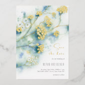 小さな白い花が日付を保存 箔招待状 (正面)