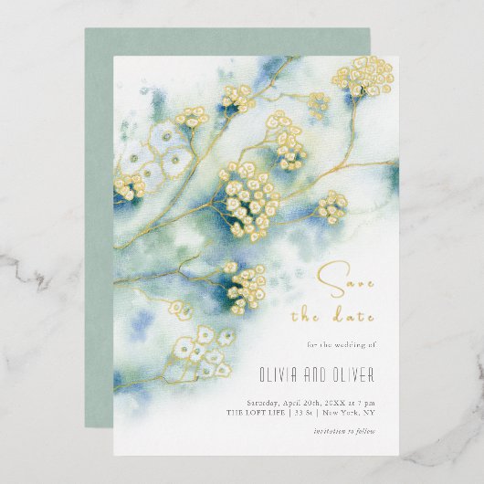 小さな白い花が日付を保存 箔招待状 (正面/裏面)