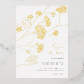 小さな白い花が日付を保存 箔招待状 (正面)
