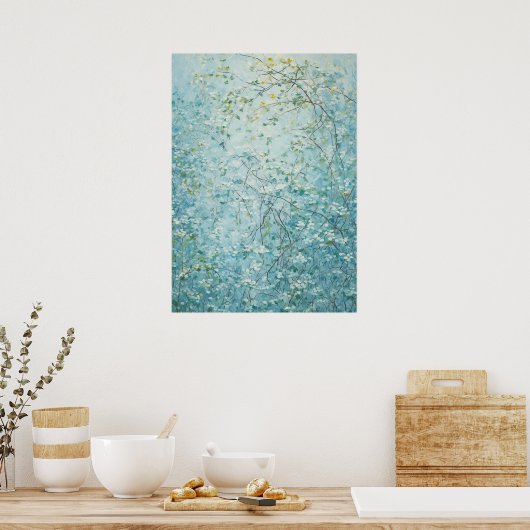 小さな白い花と絡み合った枝 ポスター (キッチン)