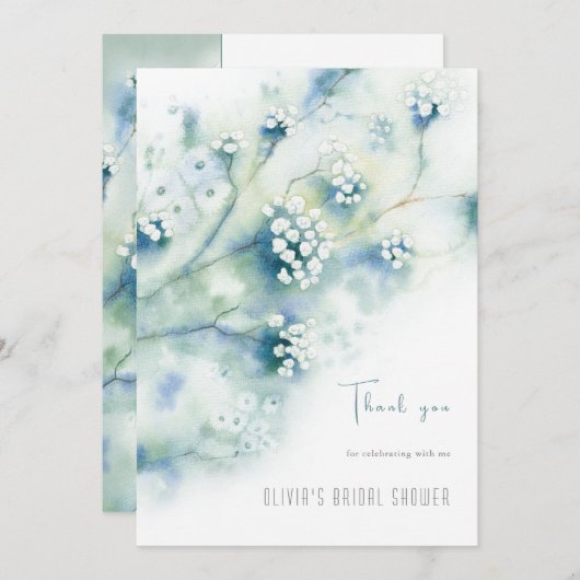 小さな白い花のブライダルシャワーサンキューカード 招待状 (正面/裏面)