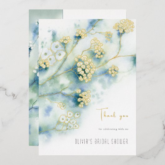 小さな白い花のブライダルシャワーサンキューカード 箔招待状 (正面/裏面)