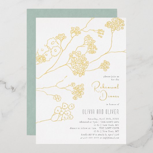 小さな白い花のリハーサルディナー 箔招待状 (正面/裏面)