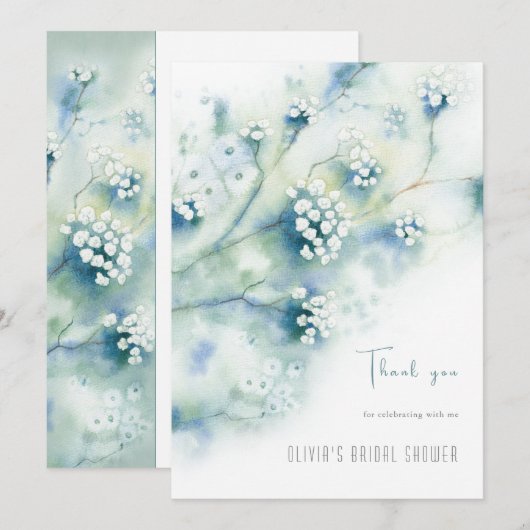 小さな白い花の ブライダルシャワーの感謝カード 招待状 (正面/裏面)