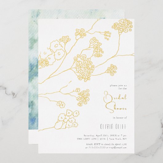 小さな白い花ブライダルシャワー 箔招待状 (正面/裏面)