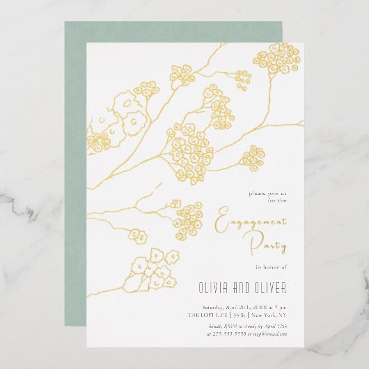 小さな白い花婚約パーティ 箔招待状 (正面/裏面)