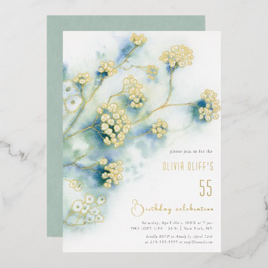 小さな白い花誕生日任意の年齢 箔招待状 (正面/裏面)