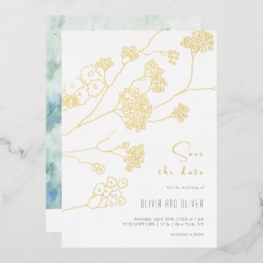 小さな白い花 Save The Date 箔招待状 (正面/裏面)