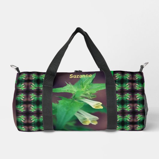 小さな白い野パーソナライズされた花 ダッフルバッグ (正面)