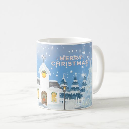 小さな白い雪の教会とクリスマスコーヒーマグ コーヒーマグカップ (正面右)