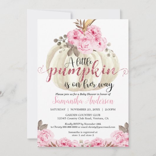 小さな白かぼちゃピンクのフローラ赤ちゃんシャワー 招待状 (正面)