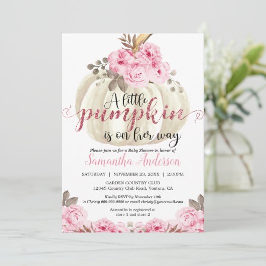 小さな白かぼちゃピンクのフローラ赤ちゃんシャワー 招待状 (スタンド正面)