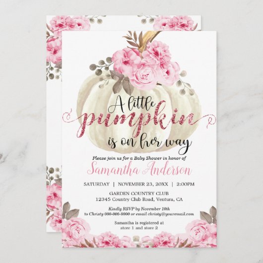 小さな白かぼちゃピンクのフローラ赤ちゃんシャワー 招待状 (正面/裏面)