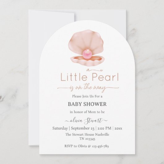 小さな真珠がベビーシャワーの途中にある 招待状 (正面)