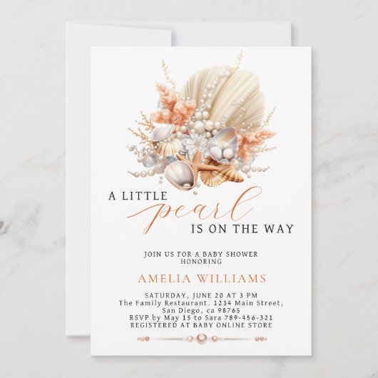 小さな真珠が赤ん坊シャワーの途中にある 招待状 (正面)