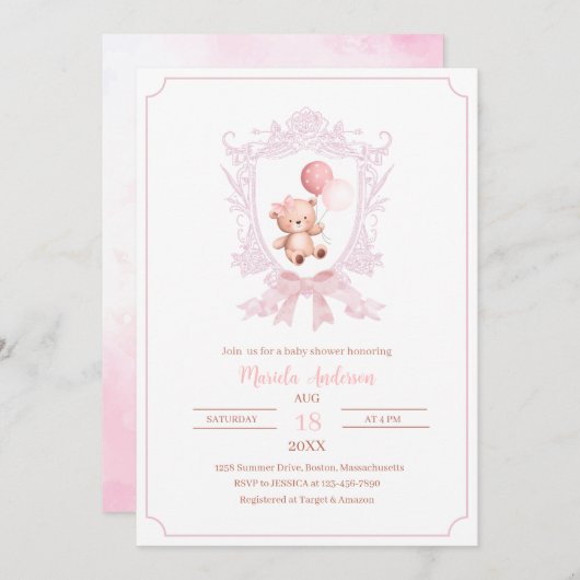 小さな真珠のようなピンクの紋章がベビーshInvitation 招待状 (正面/裏面)