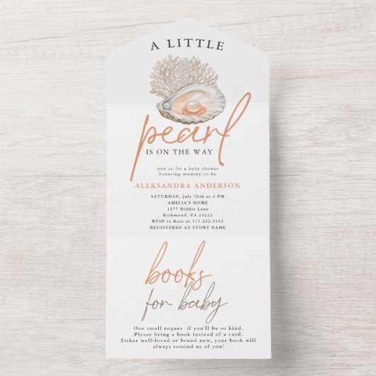 小さな真珠の水の色の貝殻の赤ちゃんシャワー オールインワン招待状 (内側)