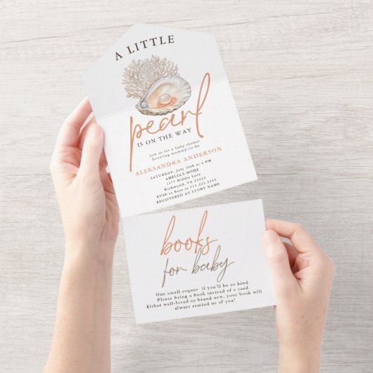 小さな真珠の水の色の貝殻の赤ちゃんシャワー オールインワン招待状 (貼ってはがせる)