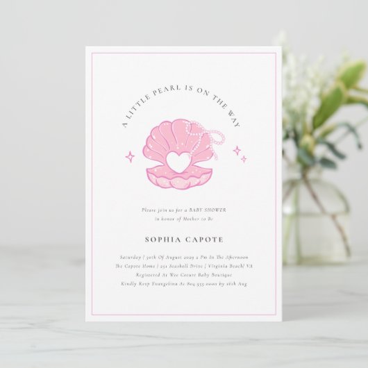 小さな真珠の赤ちゃん女の子ピンクの赤ちゃんシャワーの招待 招待状 (スタンド正面)