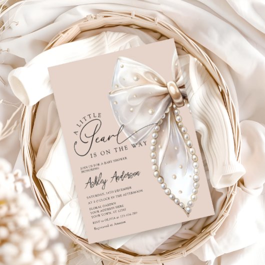 小さな真珠の途中ベージュボウ赤ちゃんシャワー 招待状
