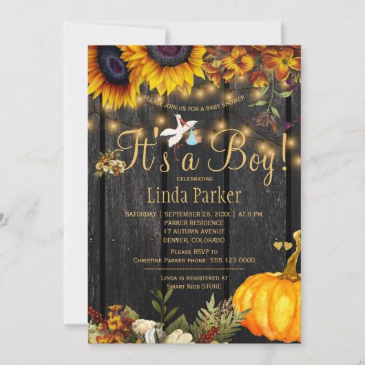 小さな秋のひまわり男の赤ちゃん 招待状 (正面)