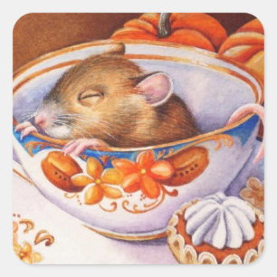小さな秋のネズミが眠るTeacup Water Color Art スクエアシール