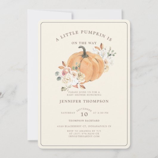 小さな素朴かぼちゃのフローラ赤ちゃんシャワー 招待状 (正面)