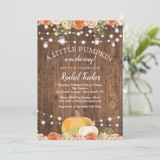 小さな素朴かぼちゃのメイソンの瓶ライト赤ちゃんシャワー 招待状 (スタンド正面)