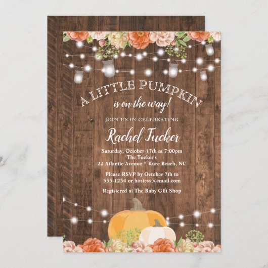 小さな素朴かぼちゃのメイソンの瓶ライト赤ちゃんシャワー 招待状 (正面/裏面)