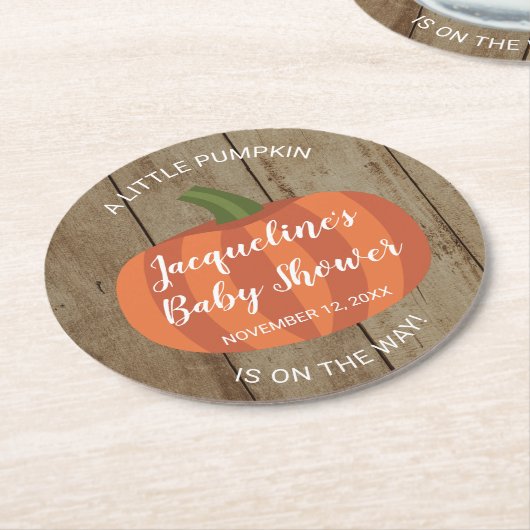 小さな素朴かぼちゃの方法で秋赤ちゃんシャワー ラウンドペーパーコースター (アングル)
